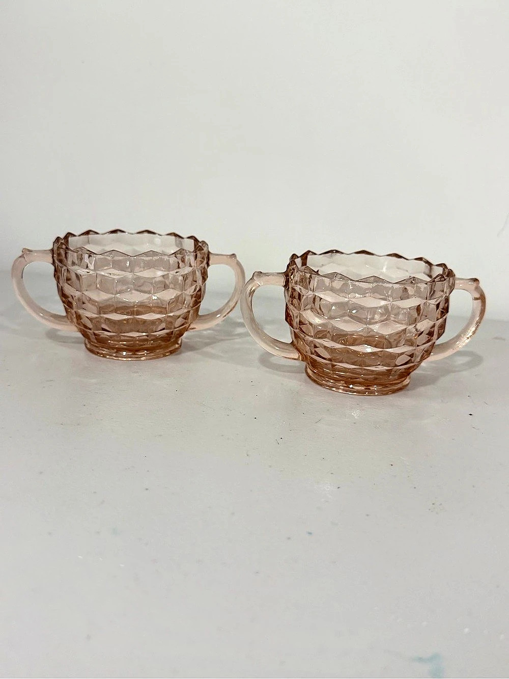 Pink Depression Glass Diamond Pattern Sugar Bowl Set of 2 Double Handle
